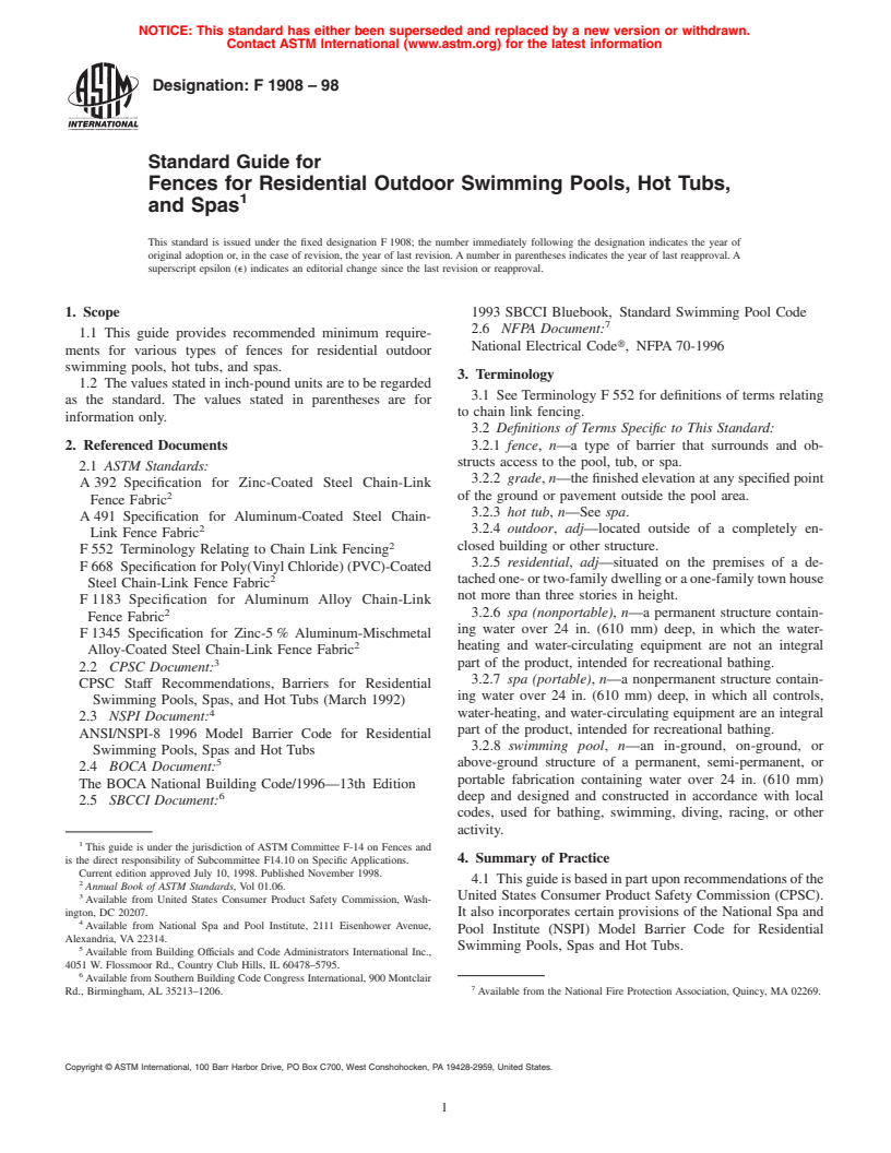 ASTM F1908-98 - Standard Guide for Fences for Residential Outdoor Swimming Pools, Hot Tubs, and Spas