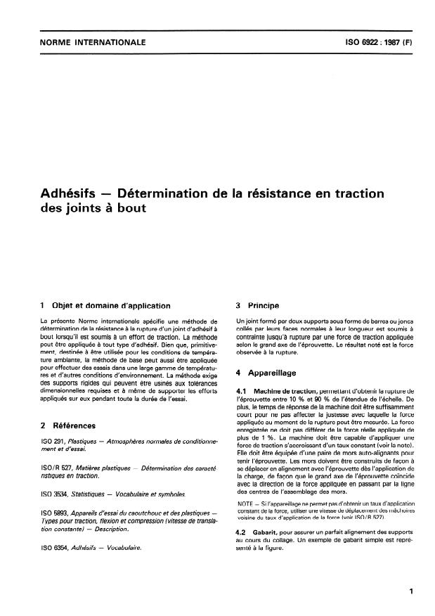 ISO 6922:1987 - Adhésifs -- Détermination de la résistance en traction des joints a bout