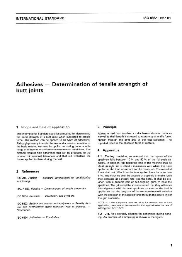 ISO 6922:1987 - Adhesives -- Determination of tensile strength of butt joints