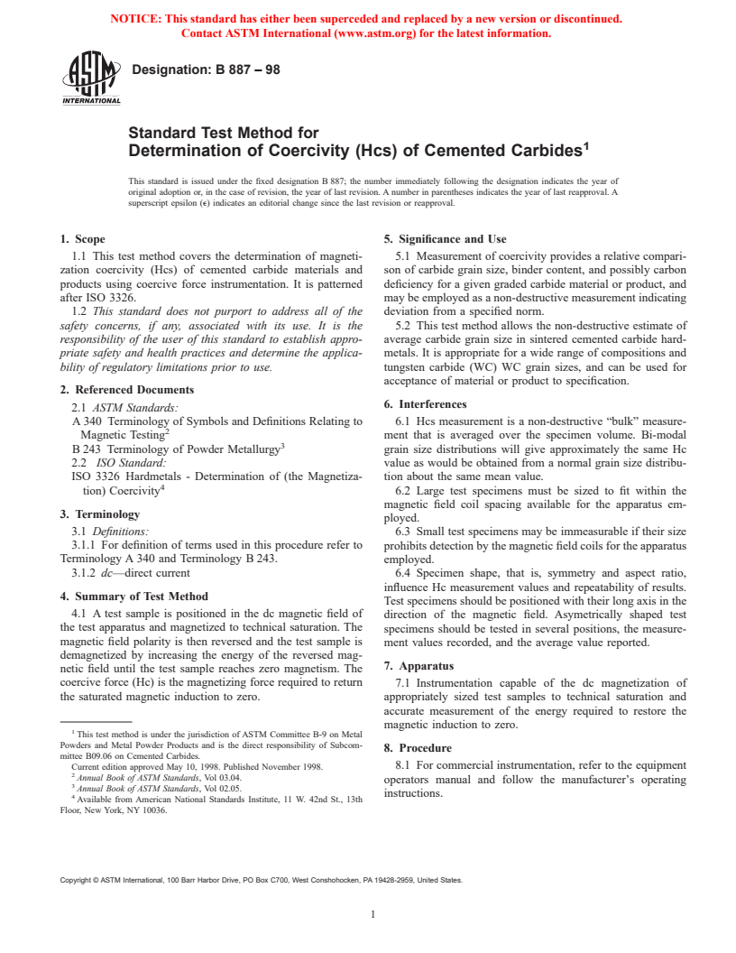 ASTM B887-98 - Standard Test Method for Determination of Coercivity (Hcs) of Cemented Carbides