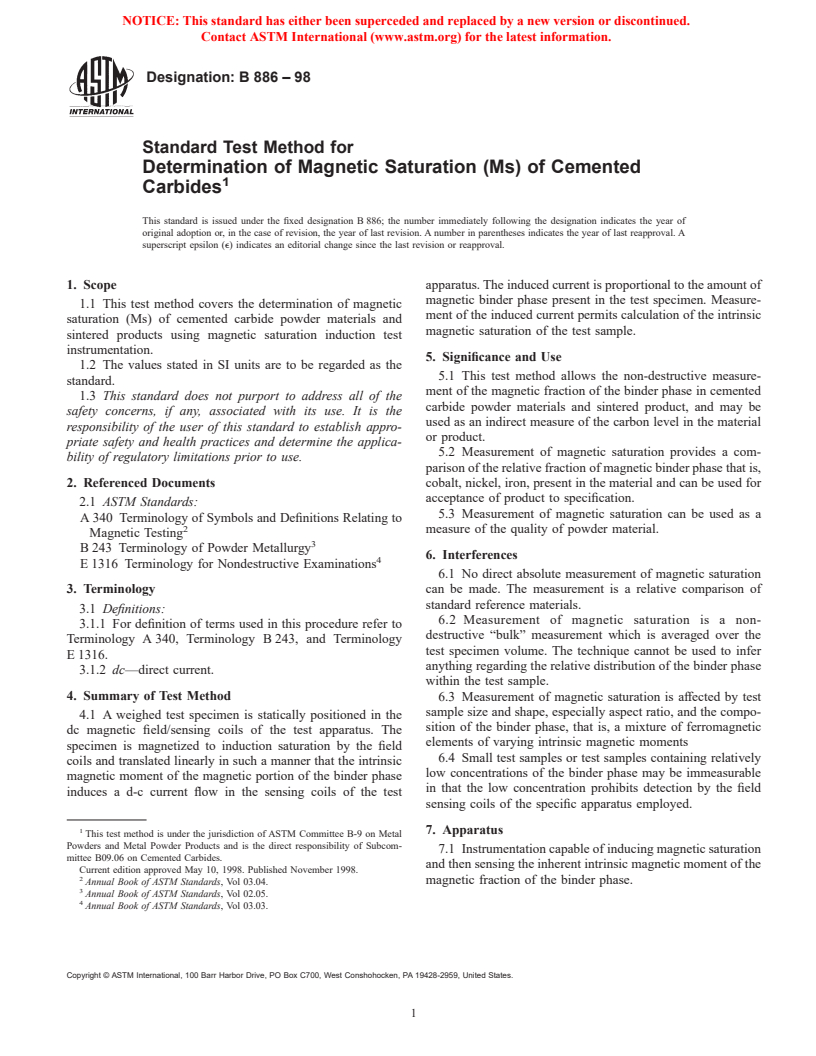 ASTM B886-98 - Standard Test Methods for Determination of Magnetic Saturation (Ms) of Cemented Carbides