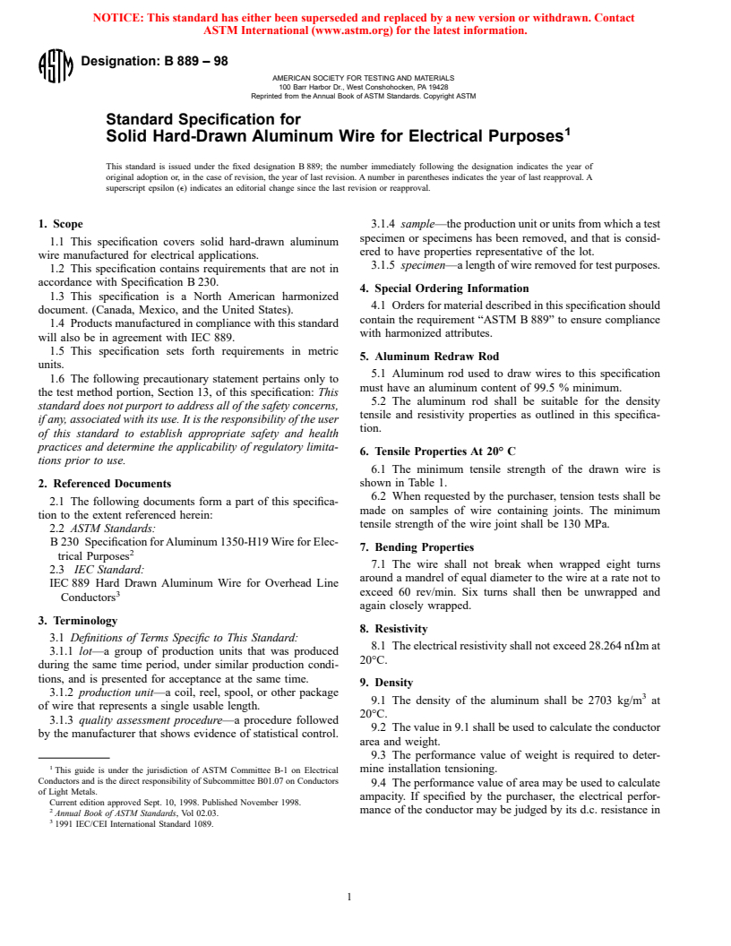 ASTM B889-98 - Standard Specification for Solid Hard-Drawn Aluminum Wire for Electrical Purposes (Withdrawn 2003)