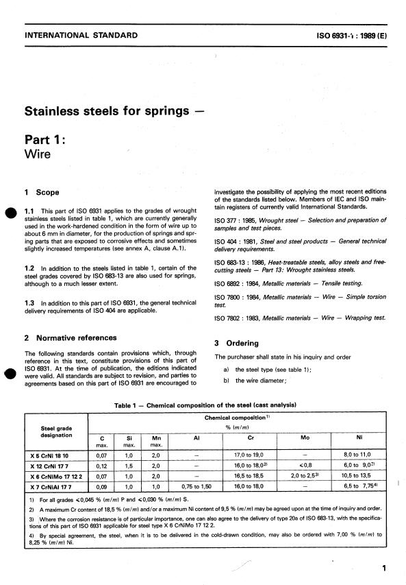 ISO 6931-1:1989 - Stainless steels for springs
