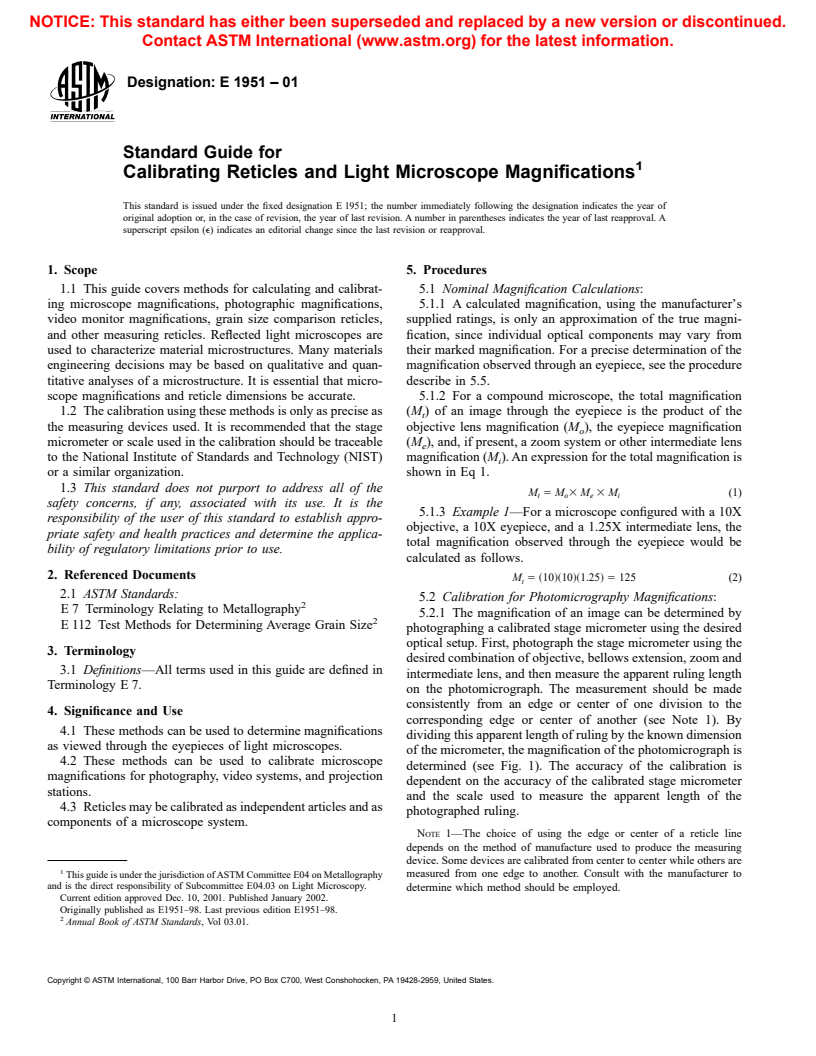 ASTM E1951-01 - Standard Guide for Calibrating Reticles and Light Microscope Magnifications