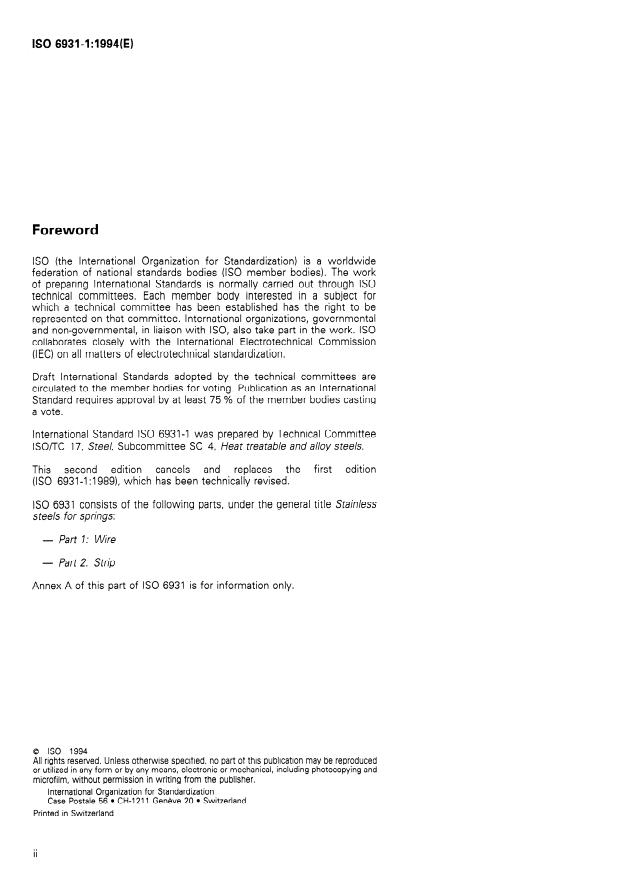 ISO 6931-1:1994 ISO 6931-1:1994 - Stainless steels for springs - Page 2 preview