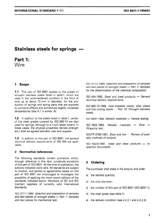 ISO 6931-1:1994 - Stainless steels for springs