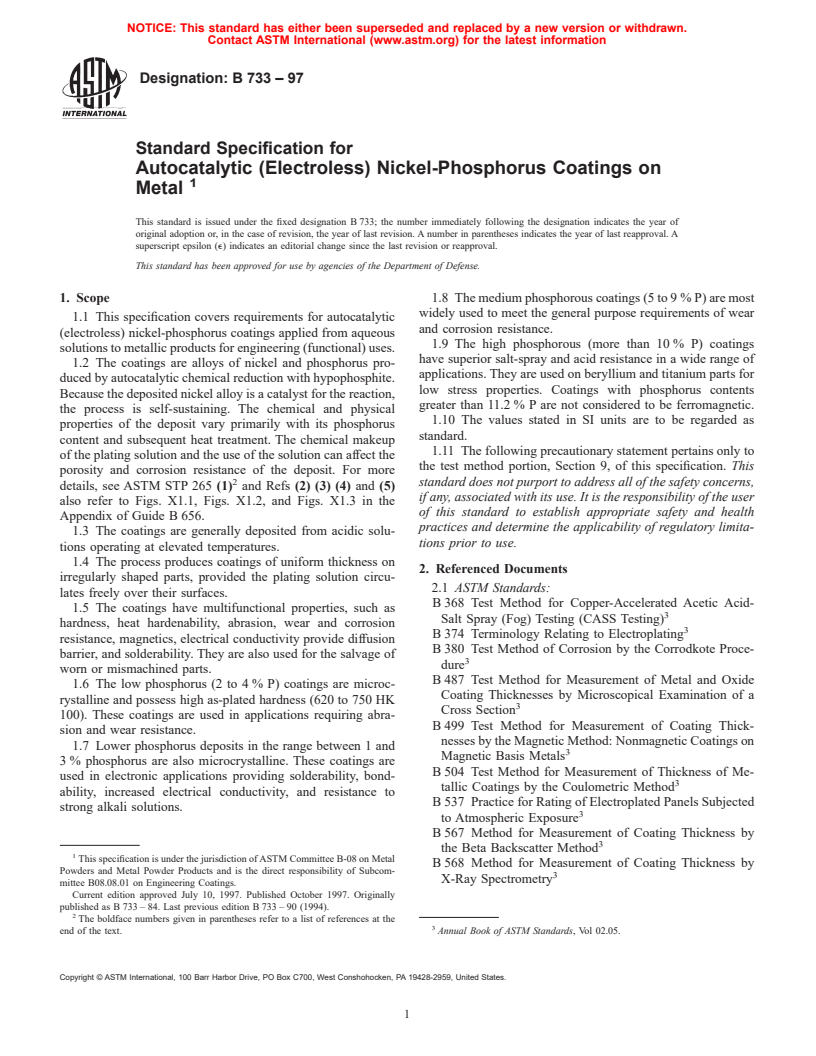 ASTM B733-97 - Standard Specification for Autocatalytic (Electroless) Nickel-Phosphorus Coatings on Metal