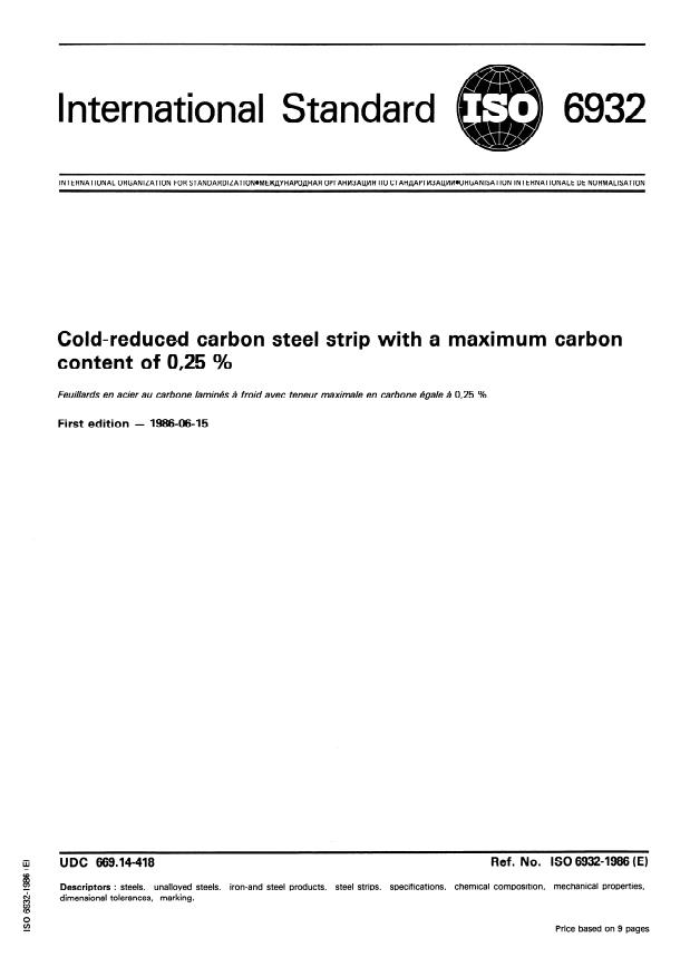 ISO 6932:1986 - Cold-reduced carbon steel strip with a maximum carbon content of 0,25 %