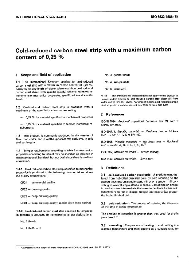 ISO 6932:1986 - Cold-reduced carbon steel strip with a maximum carbon content of 0,25 %