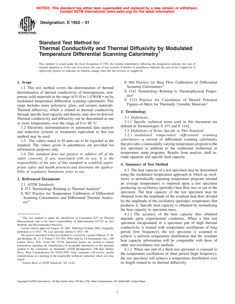 ASTM E1952-01 - Standard Test Method for Thermal Conductivity and Thermal Diffusivity by Modulated Temperature Differential Scanning Calorimetry