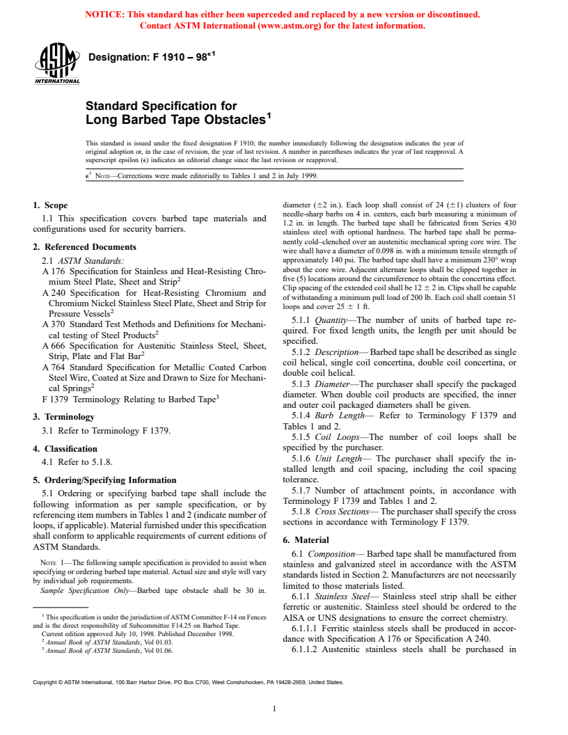 ASTM F1910-98e1 - Standard Specification for Long Barbed Tape Obstacles