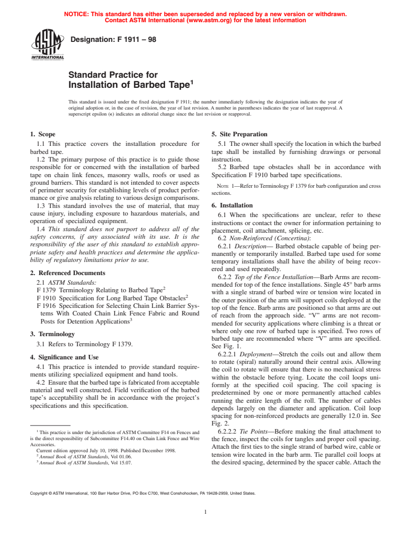 ASTM F1911-98 - Standard Practice for Installation of Barbed Tape