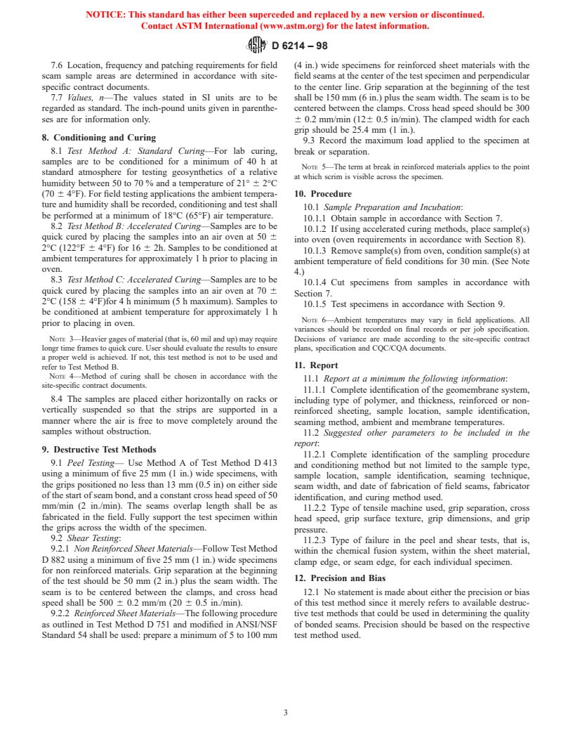 ASTM D6214-98 - Standard Test Method for Determining the Integrity of Field Seams Used in Joining Geomembranes by Chemical Fusion Methods