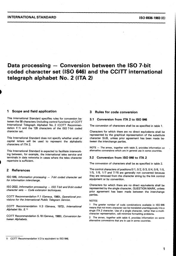 ISO 6936:1983 - Information processing -- Conversion between the two coded character sets of ISO 646 and ISO 6937-2 and the CCITT international telegraph alphabet No. 2 (ITA 2)