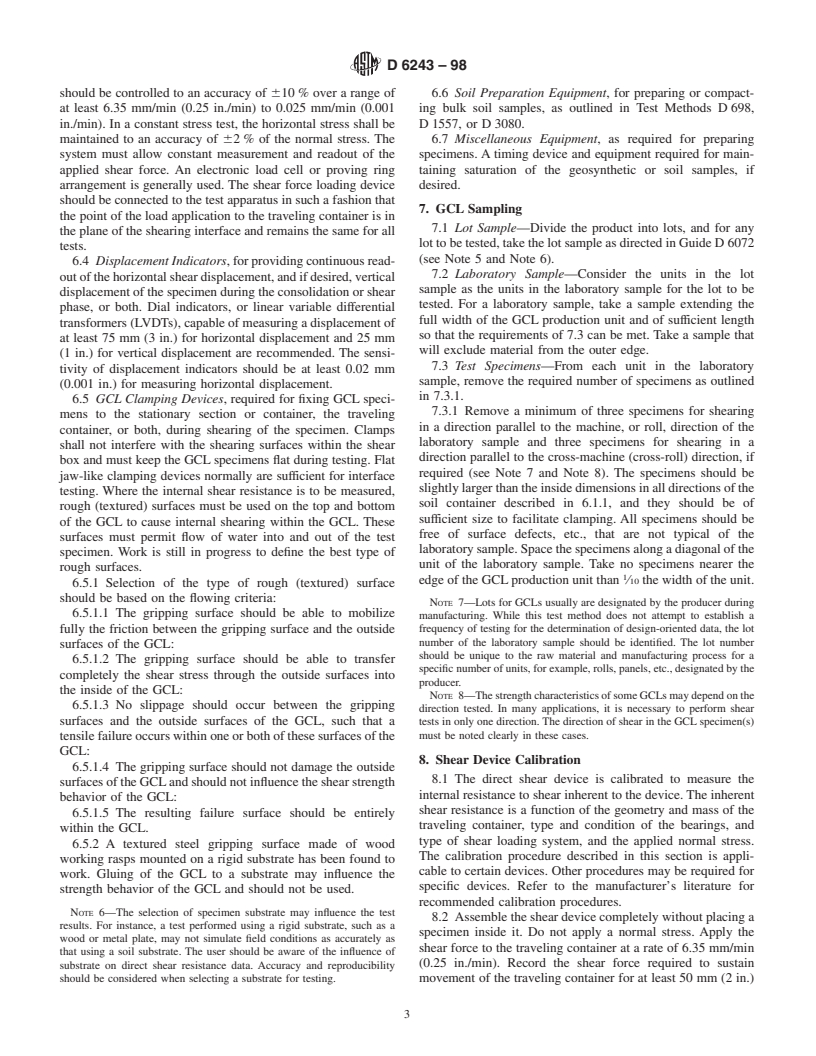 ASTM D6243-98 - Standard Test Method for Determining the Internal and Interface Shear Resistance of Geosynthetic Clay Liner by the Direct Shear Method