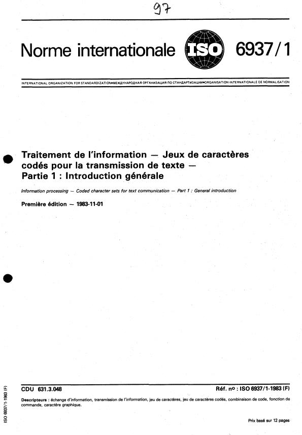 ISO 6937-1:1983 - Traitement de l'information -- Jeux de caracteres codés pour la transmission de texte