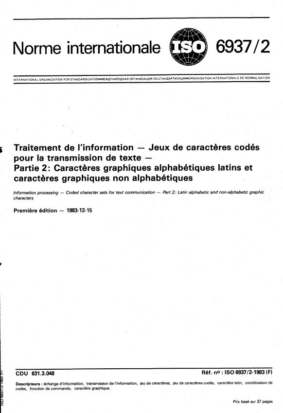ISO 6937-2:1983 - Traitement de l'information -- Jeux de caracteres codés pour la transmission de texte