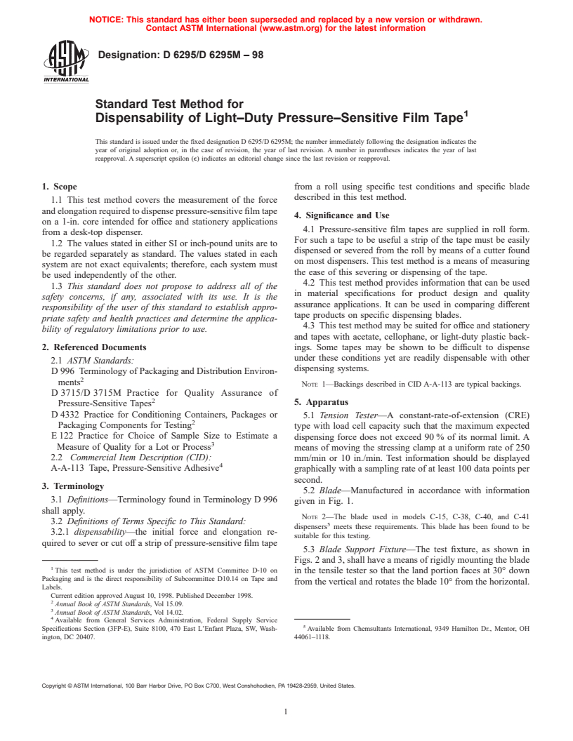 ASTM D6295/D6295M-98 - Standard Test Method for Dispensability of Light-Duty Pressure-Sensitive Film Tape