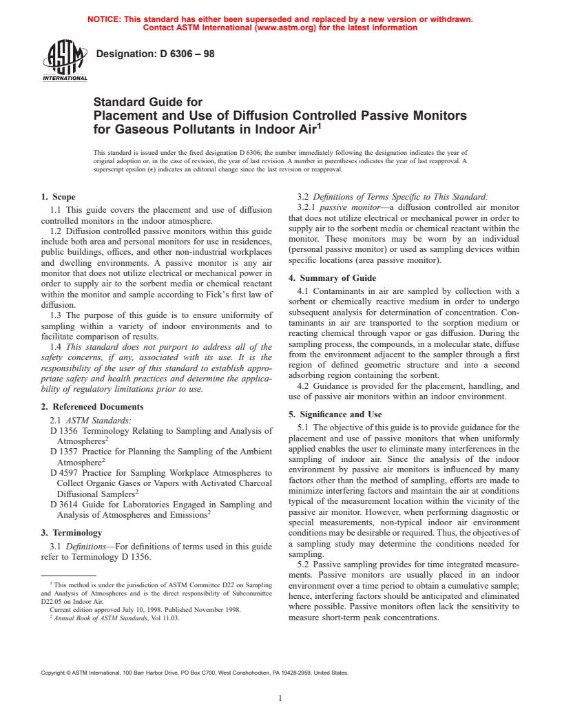 ASTM D6306-98 - Standard Guide for Placement and Use of Diffusion Controlled Passive Monitors for Gaseous Pollutants in Indoor Air