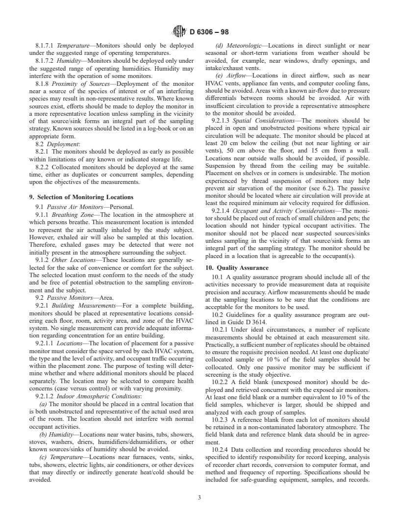 ASTM D6306-98 - Standard Guide for Placement and Use of Diffusion Controlled Passive Monitors for Gaseous Pollutants in Indoor Air