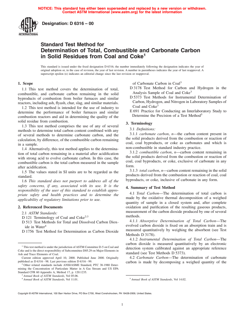 ASTM D6316-00 - Standard Test Method for Determination of Total, Combustible and Carbonate Carbon in Solid Residues from Coal and Coke