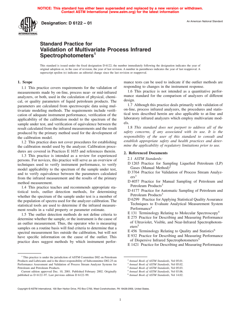 ASTM D6122-01 - Standard Practice for Validation of Multivariate Process Infrared Spectrophotometers