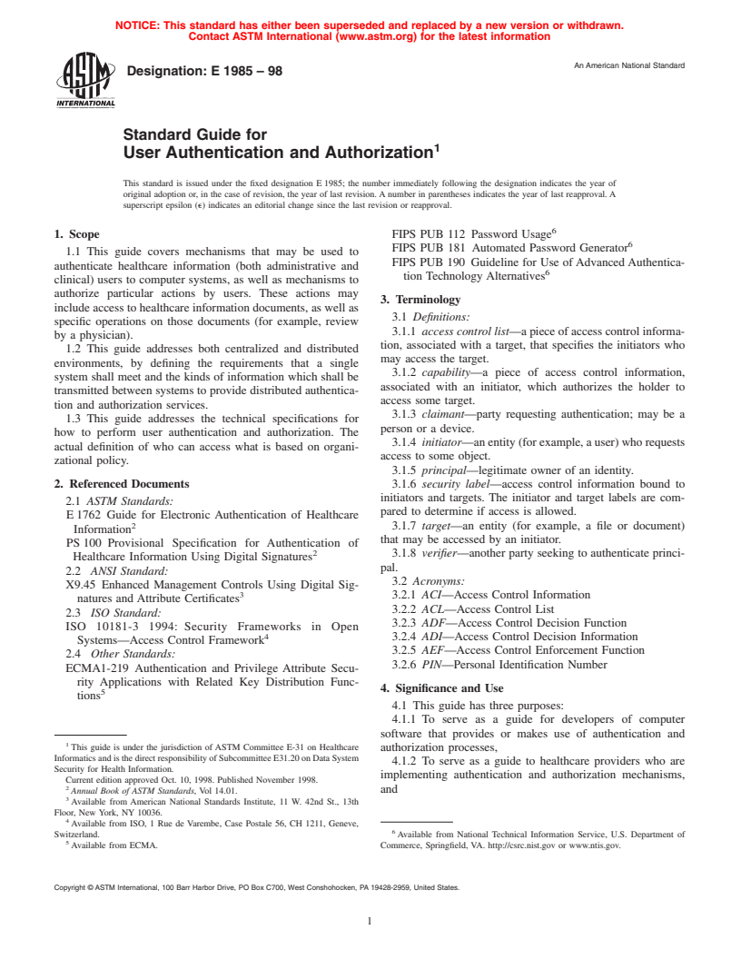 ASTM E1985-98 - Standard Guide for User Authentication and Authorization