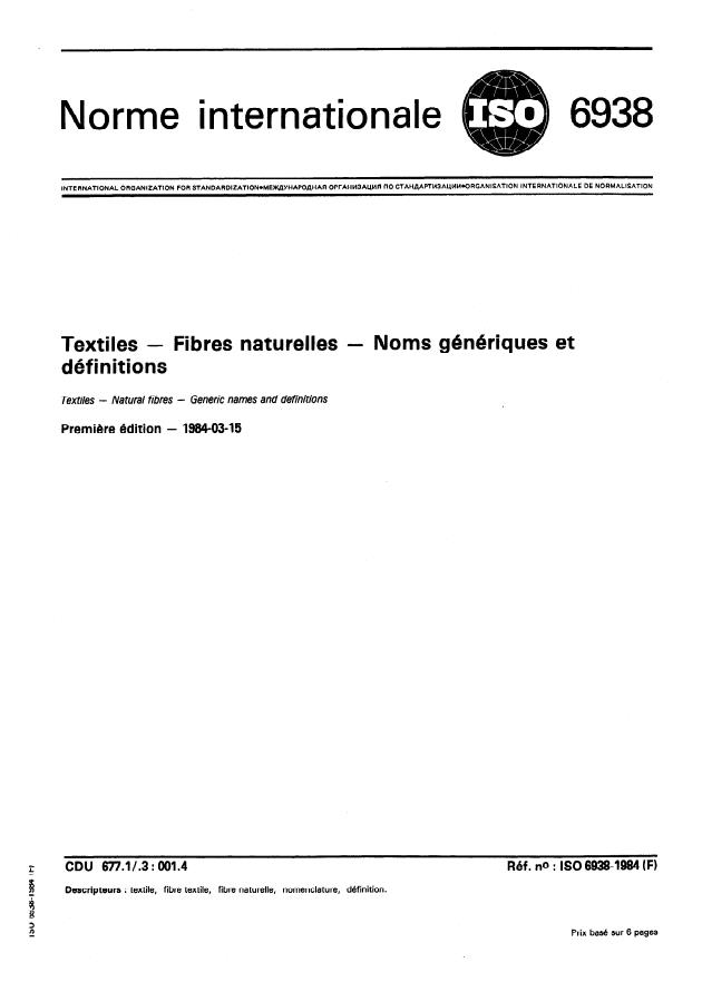 ISO 6938:1984 - Textiles -- Fibres naturelles -- Noms génériques et définitions