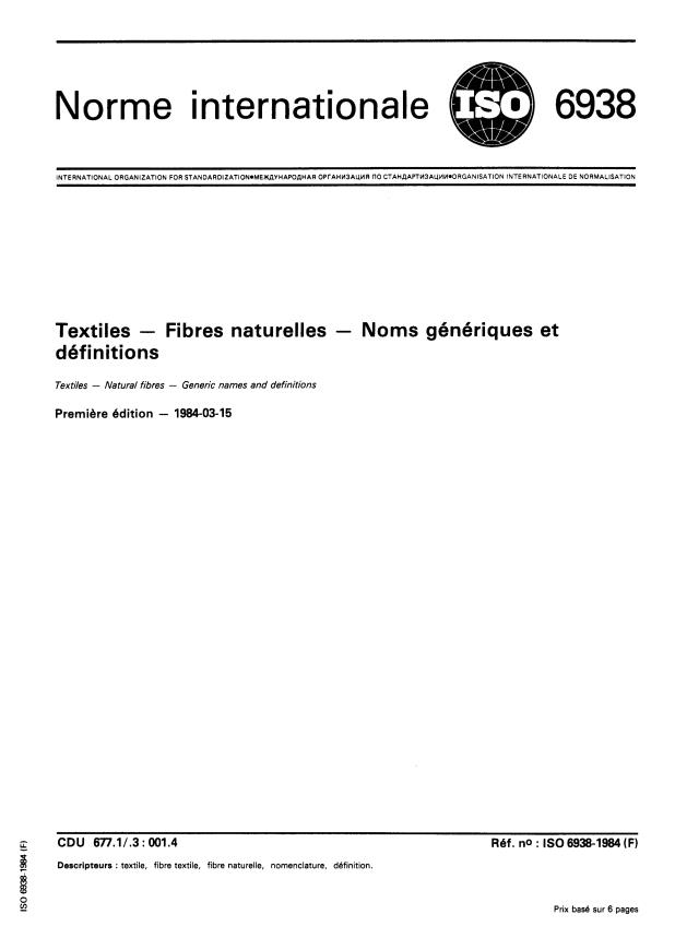 ISO 6938:1984 - Textiles -- Fibres naturelles -- Noms génériques et définitions