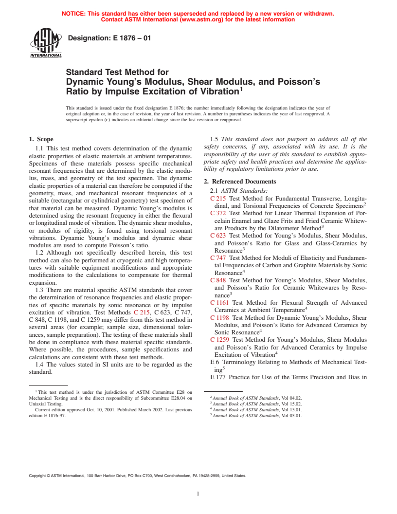 ASTM E1876-01 - Standard Test Method for Dynamic Young's Modulus, Shear Modulus, and Poisson's Ratio by Impulse Excitation of Vibration