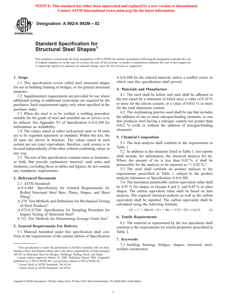 ASTM A992/A992M-02 - Standard Specification for Steel for Structural Shapes For Use in Building Framing