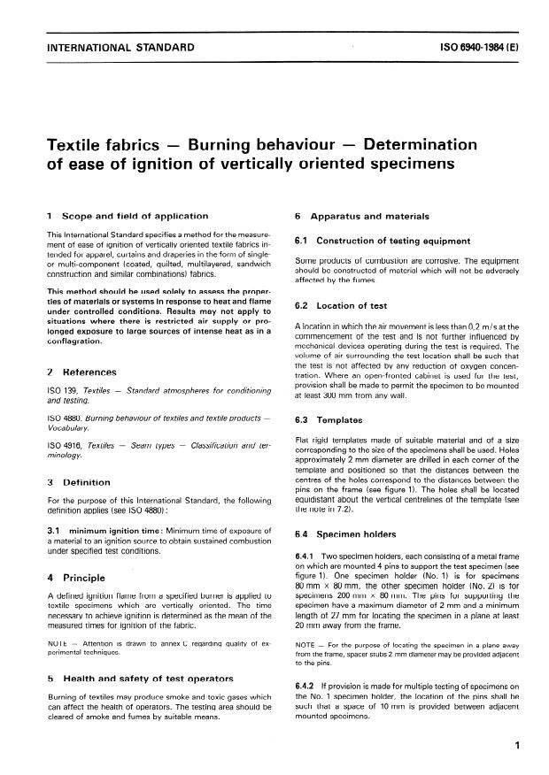 ISO 6940:1984 - Textile fabrics -- Burning behaviour -- Determination of ease of ignition of vertically oriented specimens