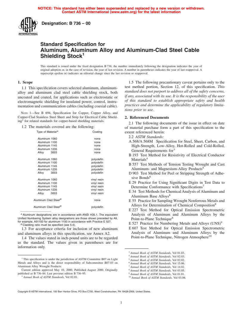 ASTM B736-00 - Standard Specification for Aluminum, Aluminum Alloy and Aluminum-Clad Steel Cable Shielding Stock