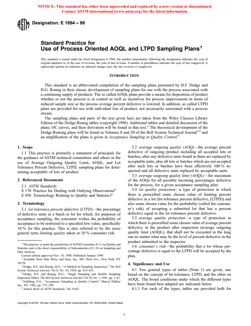 ASTM E1994-98 - Standard Practice for Use of Process Oriented AOQL and LTPD Sampling Plans