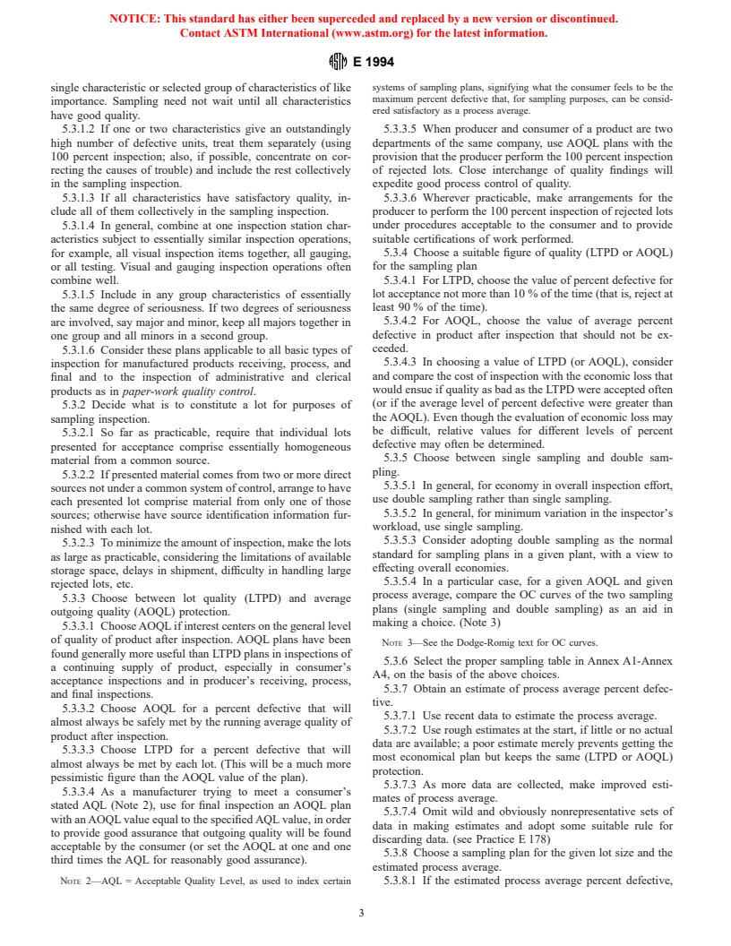 ASTM E1994-98 - Standard Practice for Use of Process Oriented AOQL and LTPD Sampling Plans