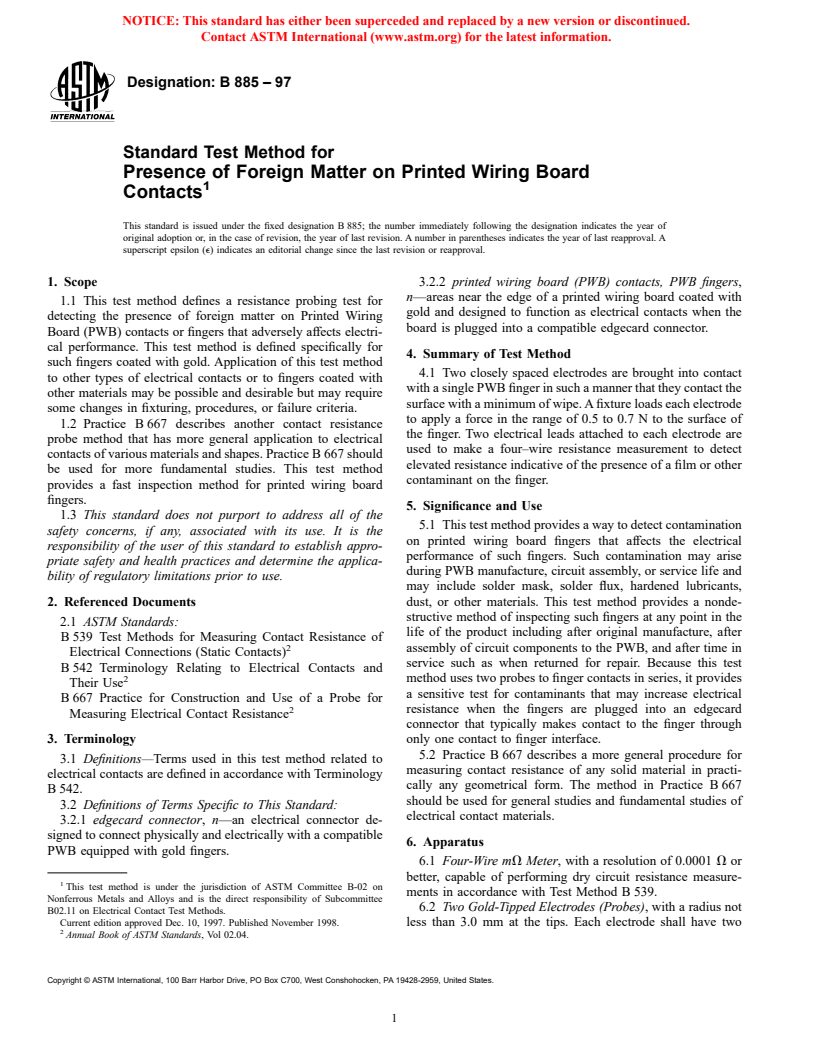 ASTM B885-97 - Standard Test Method for Presence of Foreign Matter on Printed Wiring Board Contacts