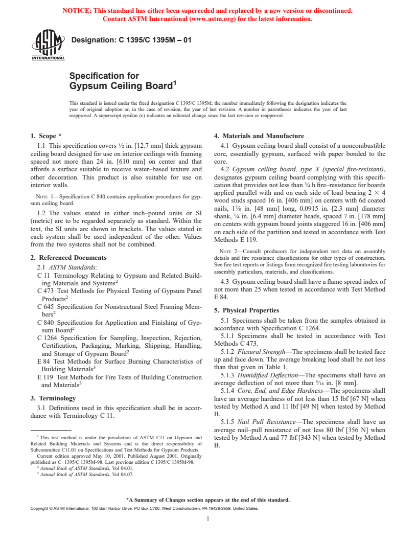 ASTM C1395/C1395M-01 - Specification for Gypsum Ceiling Board