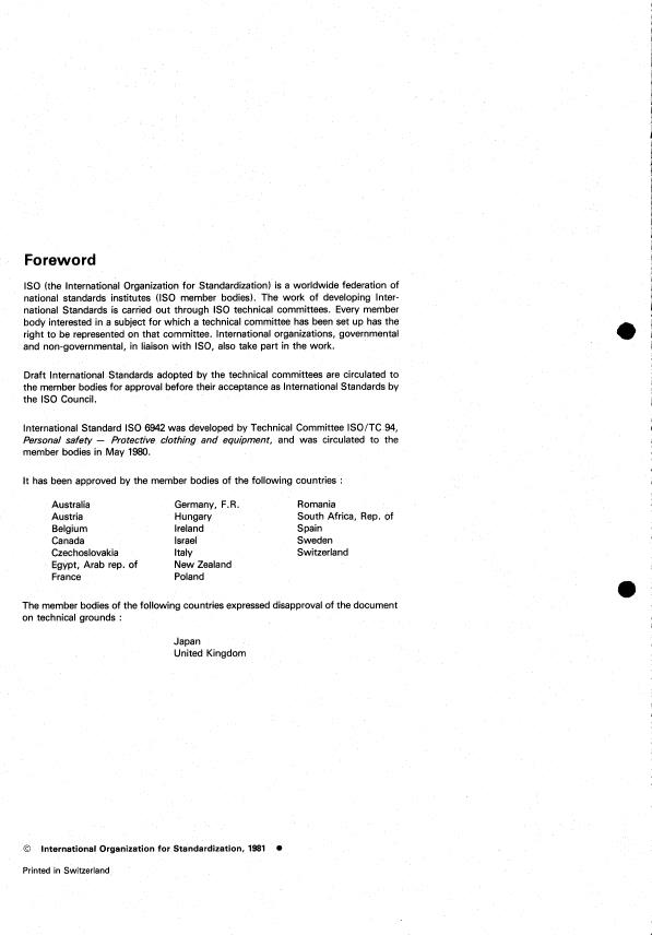 ISO 6942:1981 ISO 6942:1981 - Clothing for protection against heat and fire -- Method of evaluation of thermal behaviour of materials and material assemblies when exposed to a source of radiant heat - Page 2 preview