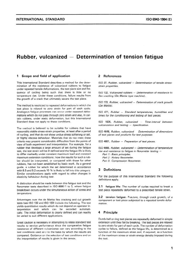 ISO 6943:1984 - Rubber, vulcanized -- Determination of tension fatigue