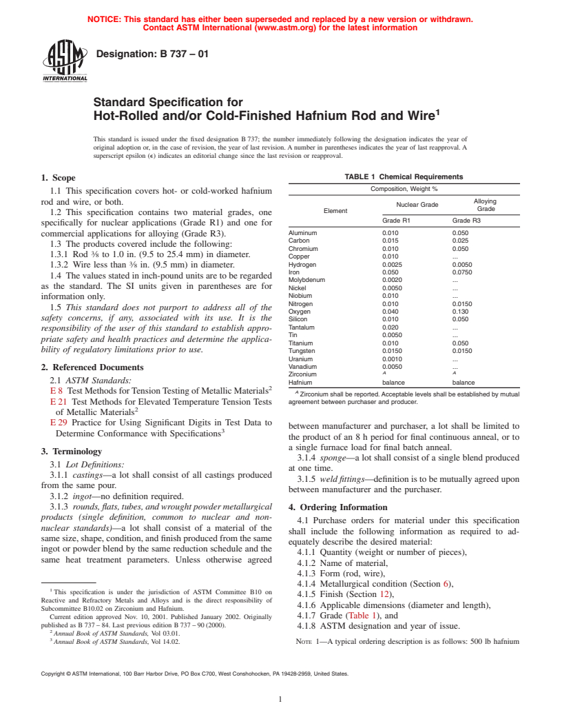 ASTM B737-01 - Standard Specification for Hot-Rolled and/or Cold-Finished Hafnium Rod and Wire