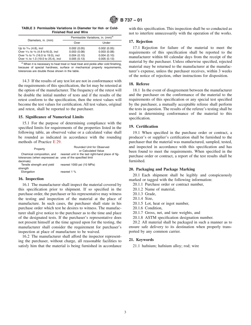 ASTM B737-01 - Standard Specification for Hot-Rolled and/or Cold-Finished Hafnium Rod and Wire