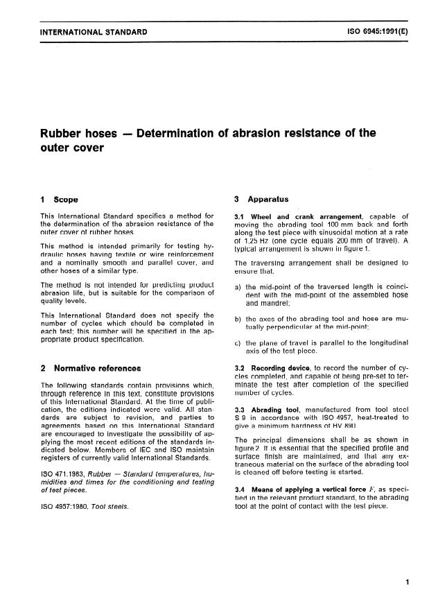 ISO 6945:1991 - Rubber hoses -- Determination of abrasion resistance of the outer cover