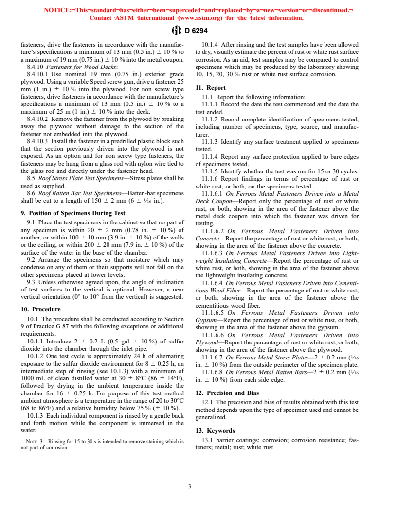 ASTM D6294-98 - Standard Test Method for Corrosion Resistance of Ferrous Metal Fastener Assemblies Used in Roofing and Waterproofing