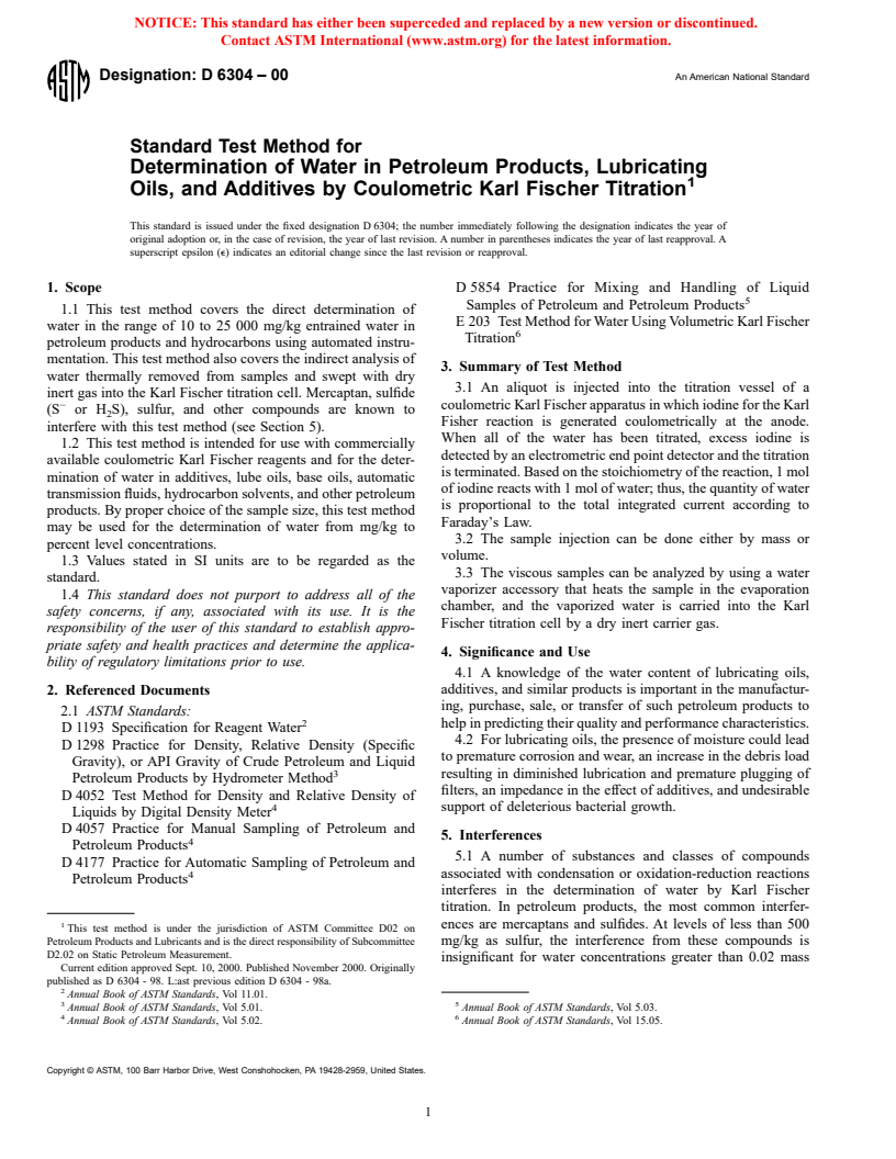 ASTM D6304-00 - Standard Test Method for Determination of Water in Petroleum Products, Lubricating Oils, and Additives by Coulometric Karl Fisher Titration