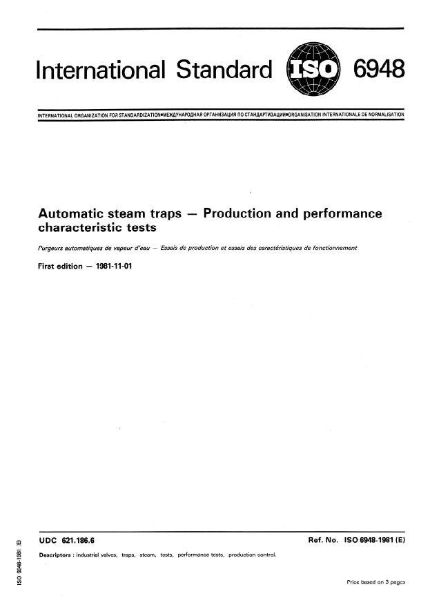 ISO 6948:1981 - Automatic steam traps -- Production and performance characteristic tests