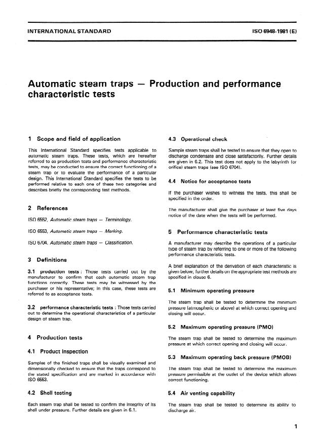 ISO 6948:1981 - Automatic steam traps -- Production and performance characteristic tests