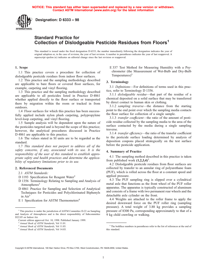 ASTM D6333-98 - Standard Practice for Collection of Dislodgeable Pesticide Residues from Floors