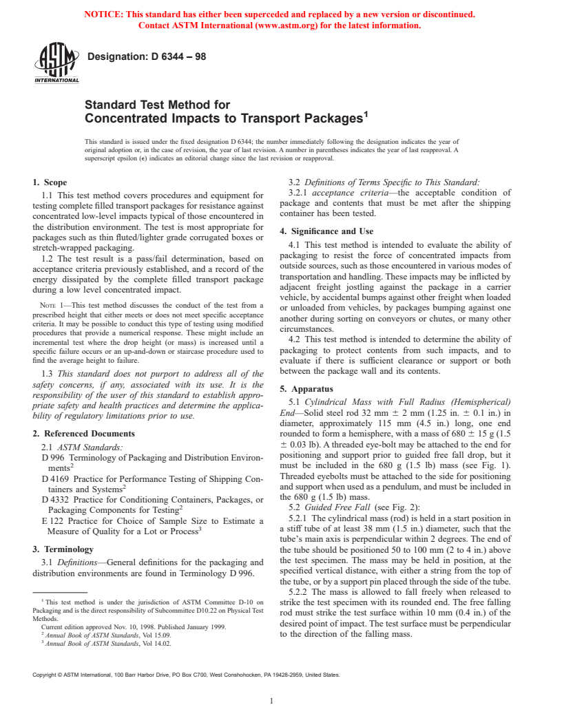 ASTM D6344-98 - Standard Test Method for Concentrated Impacts to Transport Packages