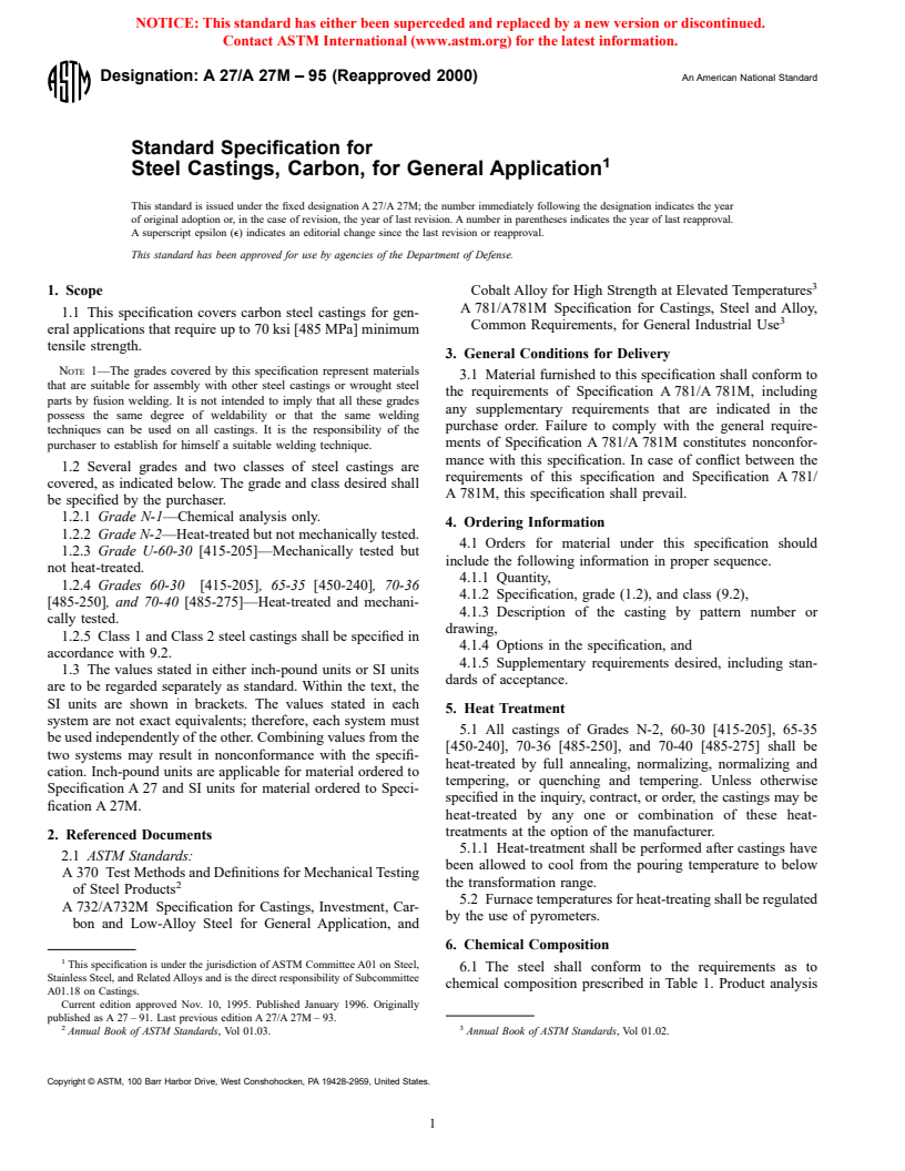 ASTM A27/A27M-95(2000) - Standard Specification for Steel Castings, Carbon, for General Application