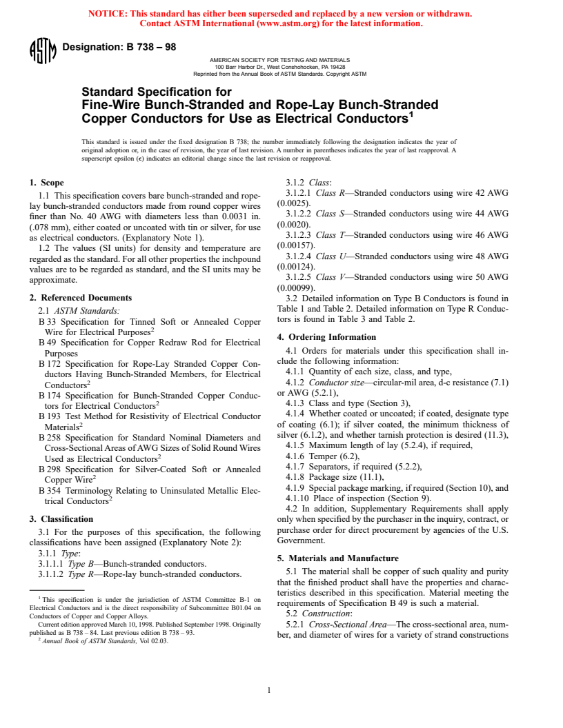 ASTM B738-98 - Standard Specification for Fine-Wire Bunch-Stranded and Rope-Lay Bunch-Stranded Copper Conductors for Use as Electrical Conductors